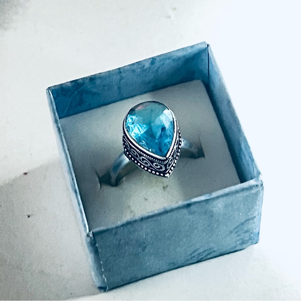 New 925 Sterling Silver London Blue Aquamarine Artisten OOAK Water Drop Ring - Picture 7 of 16